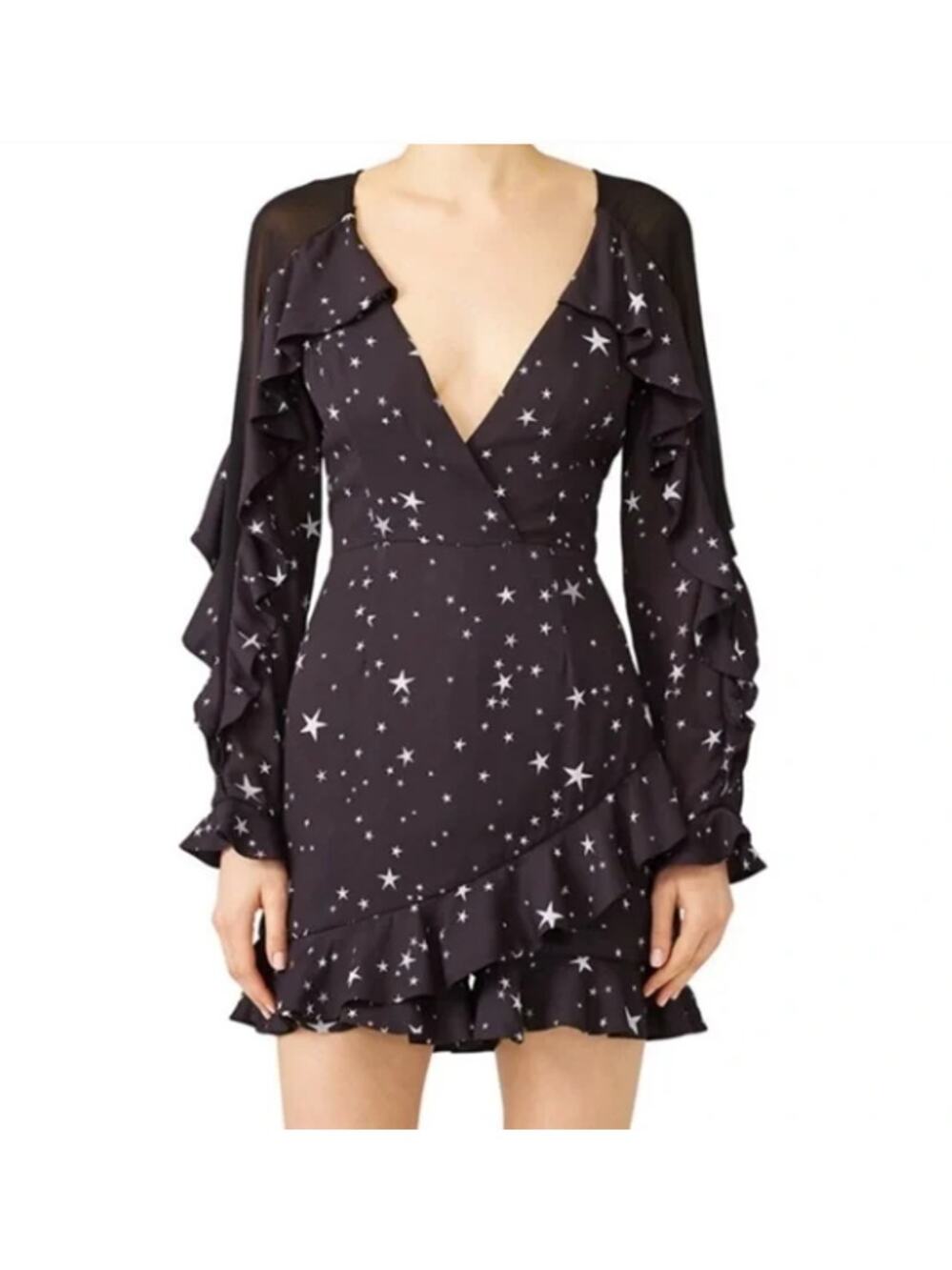 FAME & PARTNERS Black Midnight Star Print Ruffles Romper // 8
